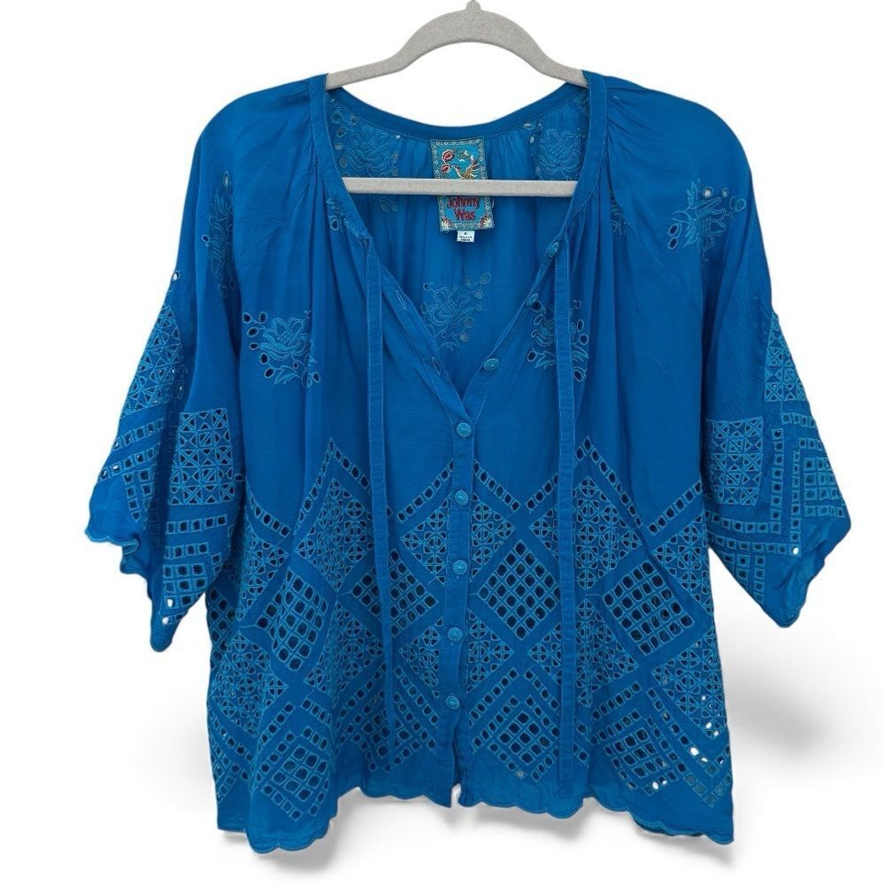 Johnny Was Bright Blue Eyelet Button Front Blouse